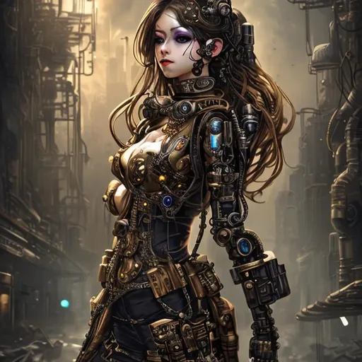 Prompt: Steampunk cyber girl, golden illuminated details, photo realistic, sci-fi style, post apocalyptic background, full body portrait, dark fantasy  --ar16:9