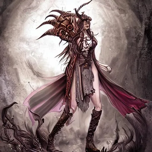 Prompt: d & d character art, sorcerer, steampunk, mystical, extremely detailed digital illustration, long hair, red skin, horns, pointed ear