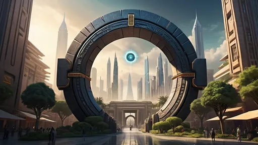 Prompt: magical portal between cities realms worlds kingdoms, circular portal, ring standing on edge, upright ring, freestanding ring, hieroglyphs on ring, complete ring, ancient babylonian architecture, gardens, hotels, office buildings, shopping malls, large wide-open city plaza, turned sideways view, futuristic cyberpunk tech-noir setting