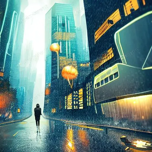 Prompt: Hoodie boy watching scenary of an futuristic city during and rainy night