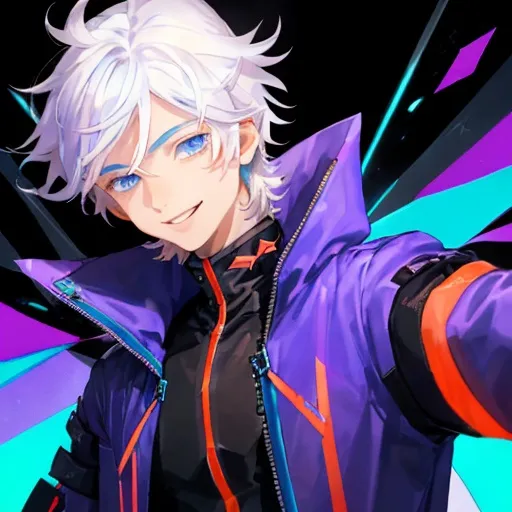 Prompt: Kind and smiling teenage male with white hair and blue eyes wearing a purple Galilean underneath a black and orange jacket.