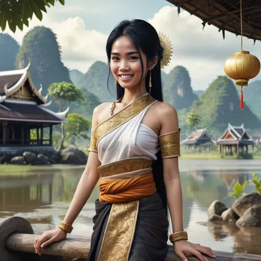 Prompt: Full body, Fantasy illustration of a thai woman, 26 years old, amused expression, traditional garment, black hair, high quality, rpg-fantasy, detailed, Thailand landscape background