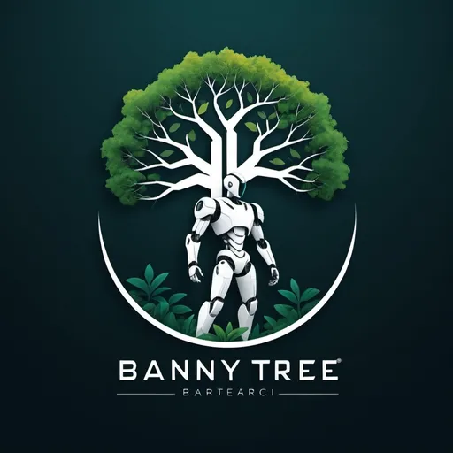 Prompt: A logo for association, subject is a robot figure and banyan tree is the silhouette behind it