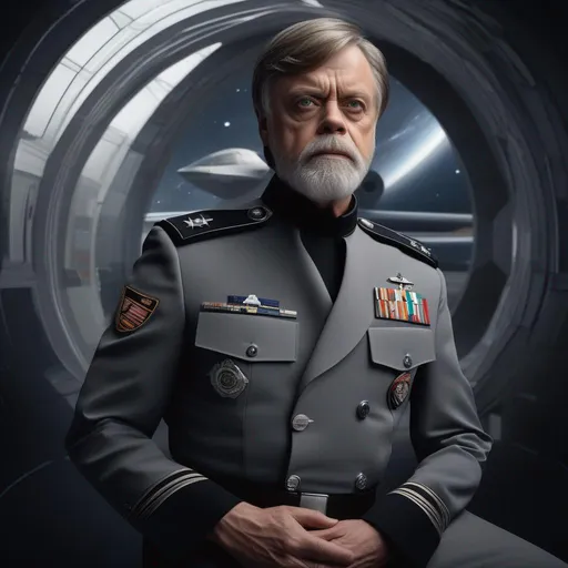Prompt: ((full body:1. 3)), 1man, ((shot photo of the most beautiful artwork in the world featuring a modern Mark Hamill wearing futuristic officer uniform)) , photorealistic, intense look, anatomical photorealistic portrait of a (((old male:1. 3))) human in (dark grey dress uniform), (space navy officer), fleet admiral, star wars officer, star trek officer, warhammer40k officer, Admiral Spire, ((grey hair)), ((grey beard)), no glasses on face, (gentleman), british officer, ((Petr Pavel)), (star destroyer bridge as background, in space ship with window), reflections, High Detail, Sharp focus, space battle, art by artgerm and greg rutkowski and viktoria gavrilenko, ray tracing, neon lights, very detailed skin, very detailed eyes, global illumination, deep color, 8k resolution