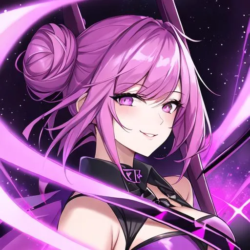 Prompt: high quality art of a female death reaper with short hair, two buns hair, wearing pink-purple clothes, pink hair, smiling, two purple star tattoos on cheeks, nasty, goth, emo, looking towards the viewer, dark sky background with stars and foggy clouds, holding a very long black and red scythe, 8k, high quality, digital painting, sparkles, arms visible, perfect composition, hyperrealistic, super detailed, 8k, high quality, sharp focus, intricate details, highly detailed, dynamic lighting, detailed and intricate environment, short hair