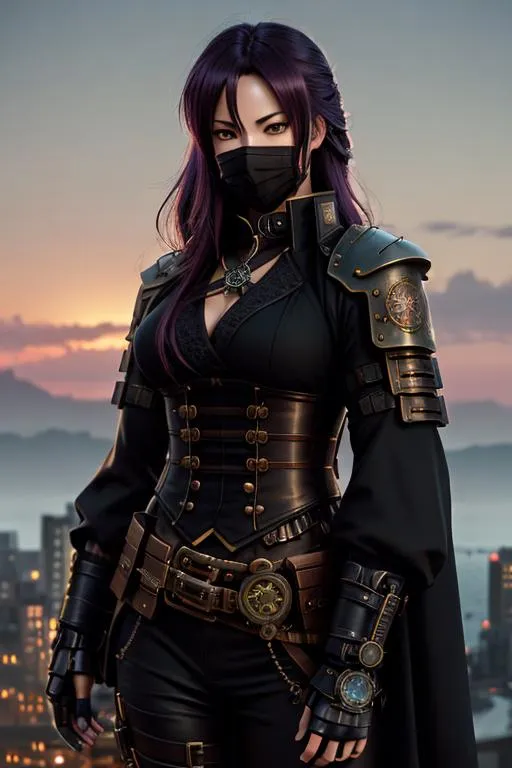 Prompt: illustration, steampunk female ninja, Steampunk ninja, mysterious and agile, Steampunk cityscape, dynamic flow, Gothic, by Gintama, Low key lighting, - Color: vibrant sunset colors, warm tones, High resolution --ar 9:16