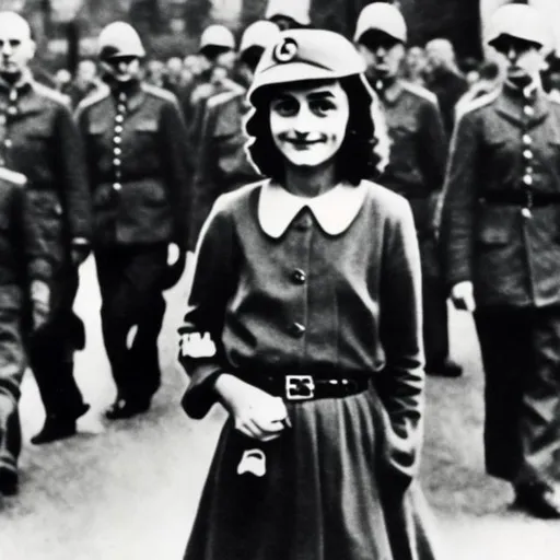 Prompt: anne frank wearing a 1943 german gestapo parade uniform