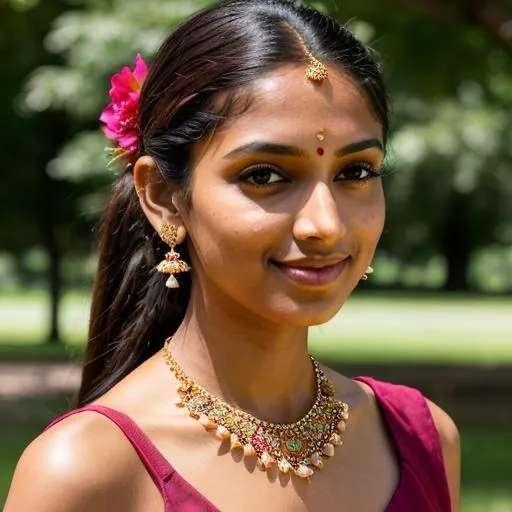 Prompt: Gorgeous Indian ((skinny)) girl in a park, pretty, cute 🥰, ((one eyes Winking)), Maroon-brown Dress, centered in frame,close-up, ultra realistic, natural lighting, background having trees with pink flowers , drop type earrings, thin gold necklace, pony tail hairstyle, long hair, rose flower in hair