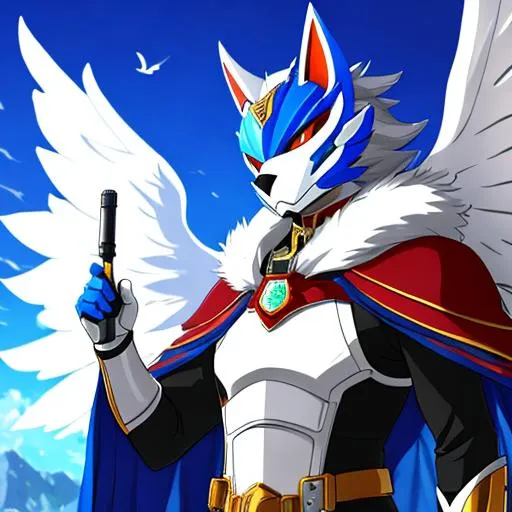 Prompt: a male protogen fursona, well drawn, masterfully drawn, 4k, HD, firebird with firewings on his back, medieval future