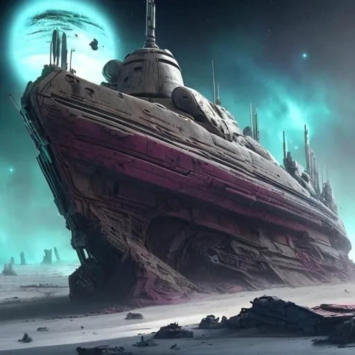 Prompt: star ship wreck rotting ancient war dead planet dead robots body's battle colours