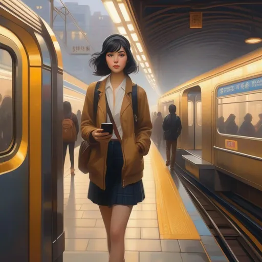 Prompt: Third person, gameplay, Japanese girl, pale skin, black hair, brown eyes, 2020s, smartphone, NYC subway station, foggy, golden atmosphere, cartoony style, extremely detailed painting by Greg Rutkowski and by Henry Justice Ford and by Steve Henderson 