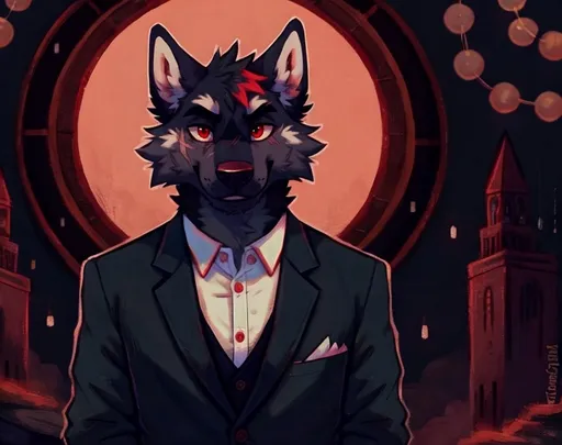 Prompt: solo, anthro, (by_moth_sprout), wolf, dark fur, red eyes, in a business suit, underworld location, blind left eye, scar on left eye