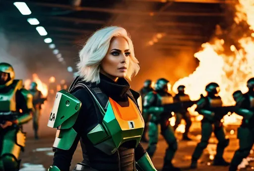 Prompt: 8K photo, cinematic, sci-fi, military, panoramic battle scene, beautiful female officer, age 35, flowing white hair, leads a group of robot infantry soldiers orange green & black uniforms, futuristic weapons, in a shattered burning corridor filled with smoke debris and flames, high detail.