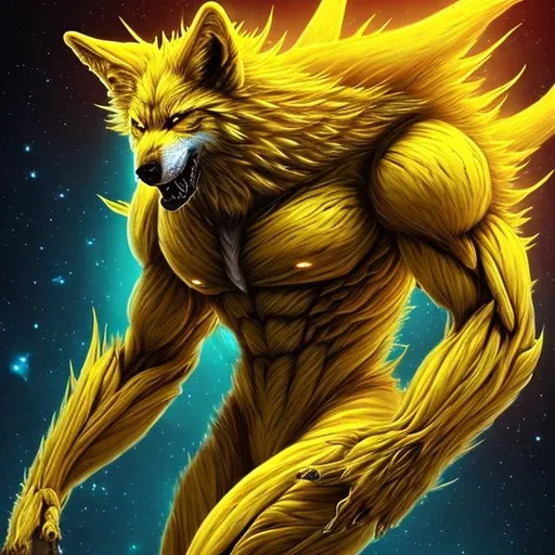 Prompt: Hyper cinimatic. Yellow humanoid Wolf with 3 tails. Humanoid. Space. Many Colors . Fight position. Handsom. Muscles.