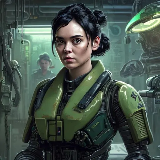 Prompt: Oil painting of a woman with black hair tied in a bun, broad chest and with pretty face, In futuristic repair bay, wearing pilot gear with dark green military vest, Battletech symbol on vest,perfect composition, hyperrealistic, super detailed, 8k, high quality, trending art, trending on artstation, sharp focus, studio photo, intricate details, highly detailed, by greg rutkowski