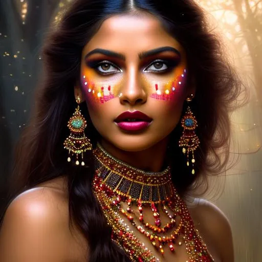 Prompt: Ultra beautiful  Red Indian girl, ((((hyper transparency dress)))), Photo realistic, dark fantasy, sensual, brown eyes, black gown, tree line, brazier, mists, detailed beauty face, detailed beauty eyes, black long hair, surreal beauty, soft light, long shot, UHD, , 8k, high quality, oil painting, hyper realism, 