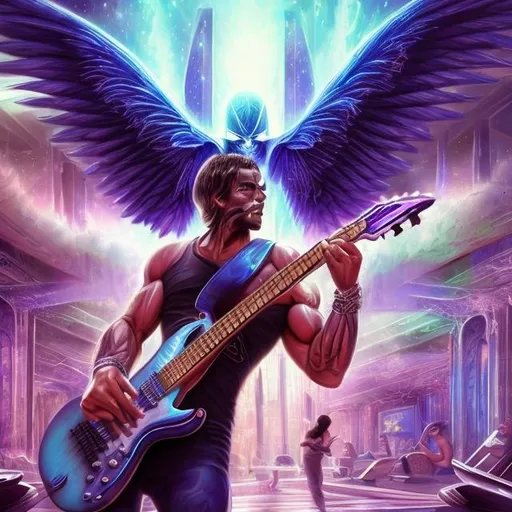 Prompt: Bodybuilding Assyrian Winged Lammasu playing guitar for tips in a busy alien mall, widescreen, infinity vanishing point, galaxy background