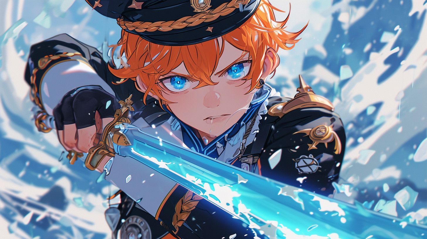 Prompt: Tartaglia from Genshin Impact drawing his white and blue ice bow back to attack, action pose, short messy orange hair with ahoge, bright blue eyes, sassy expression, more masculine and very slender, wearing a black russian officers uniform and hat with a lot of rank badges, --ar 16:9 --v 6.0