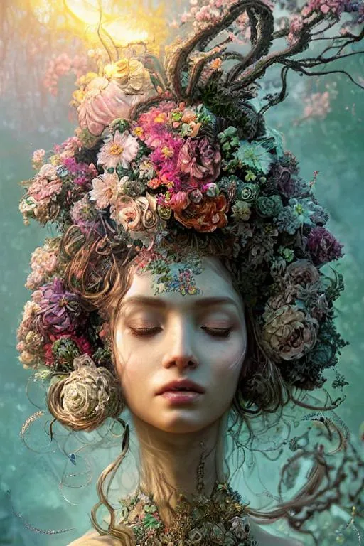 Prompt:  Insanely detailed photograph of An elaborate beautiful Gaia goddess with flower dress, intricate face, beautiful long curly hair ,hyperdetailed painting by Ismail Inceoglu Huang Guangjian and Dan Witz CGSociety ZBrush Central fantasy art album cover art 4K 64 megapixels 8K resolution HDR Greek light colours jewelry celestial powers