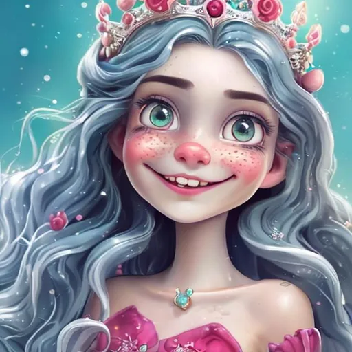 Prompt: Pisces zodiac,sea nymph with grey eyes and a smile on her face a crown on her head as she is a princess smiling face has dimples pale white skin with pink cheeks and blood red lips and silver hairs a beautiful princess sitting with her parents king a queen girl should be mature at least 23 year old features should be very,