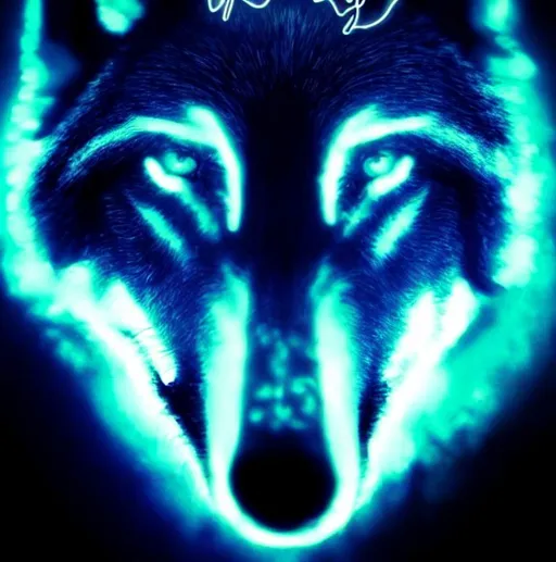 Prompt: a face of a black and blue glowing wolf with the text "ENZ" beneath it