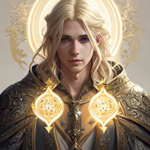 Prompt: Portrait of male aasimar magus with light blonde hair and with cute face,  heaven sanctuary, perfect composition, hyperrealistic, super detailed, 8k, high quality, trending art, trending on artstation, sharp focus, studio photo, intricate details, highly detailed, by greg rutkowski
