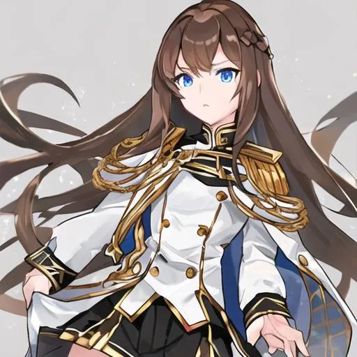 Prompt: brown hair, blue eyes, white, black and gold admiral clothing, skirt