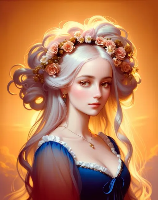 Prompt: portrait painting of a beautiful girl, style of Fragonard and Yoshitaka Amano (messy long flowing
 white hair), sunset, ((inricate blue gothic gown)) flowers, delicate, soft, ethereal, luminous, glowing, dark contrast, celestial, trails of light, soft light, backlit, vaporwave
