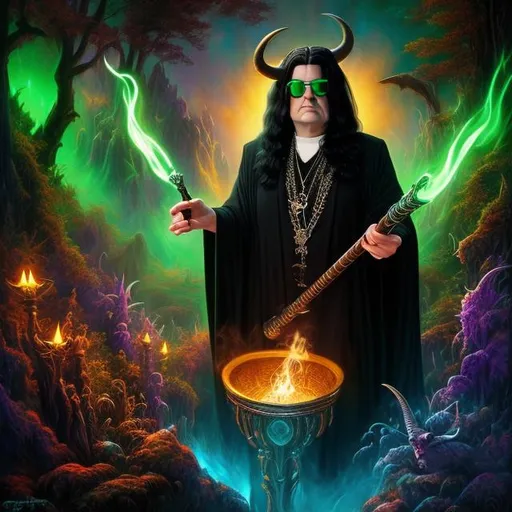 Prompt: Full body splash art, fantasy art, digital painting, D&D, sharp focus, hyper-realistic. portrait of Stefan Karl Stefansson as Ozzy Osbourne who is a Celtic warlock, with goat horns, smoking a pipe, wearing sunglasses, and feathers in his long black hair. ((((in the background luminous forest sunset.))), by Rembrandt, by Clyde Caldwell.