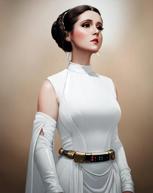 Prompt: Photorealistic portrait of Princess Leia in her white gown, black hair buns, full body, ornate, alluring, empowering, 8k, trending on artstation