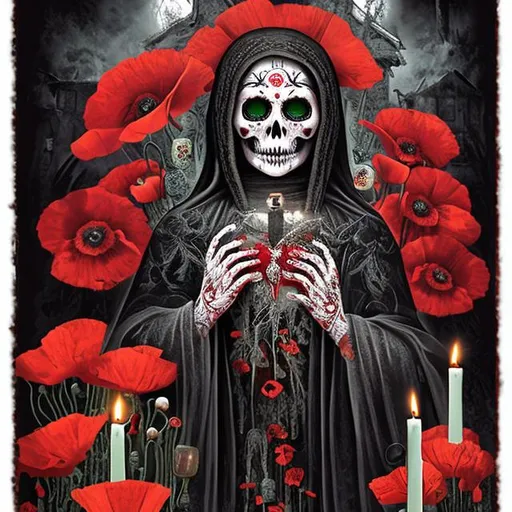 Prompt: Santa Muerte very real having heart in her hands with poppies and candles in old scary house poster
