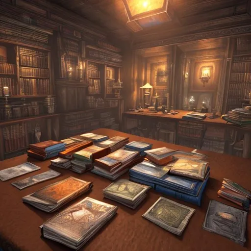 Prompt: orange and blue books covers on a brown table inside a library elder scrolls art