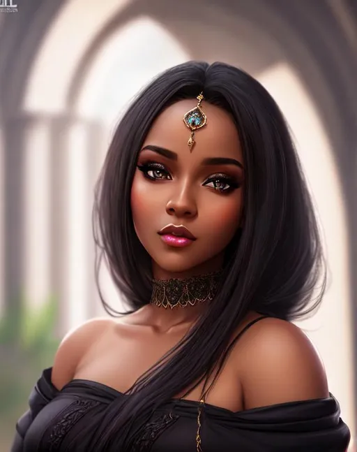 Prompt: UHD, 8k, high quality, ultra quality, cinematic lighting, special effects, hyper realism, hyper realistic, Very detailed, high detailed face, high detailed eyes, medieval, fantasy, woman, black skin, gorgeous, cute, young, thick girl, robes