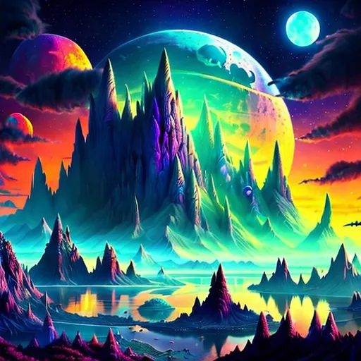 Prompt: Fantasy planet landscape with ship and moon, beautiful, colorful, fantasy art, digital painting, hyperrealism, hyperdetailed, landscape, photorealistic, psychedelic, radiant,  vibrant,  island, abandoned ship, below mountain with city on it has a mountain in the background, with a city carved in it, and the vibrant moon behind it