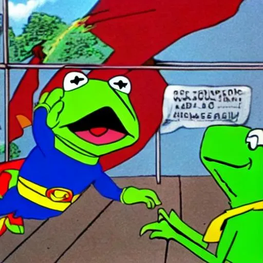 Prompt: kermit as super man saving mrs. Piggy