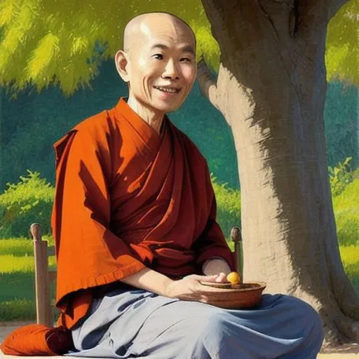 Prompt: UHD Thich Nhat Hanh smiling dressed in Buddhist monk attire in the style of Edward Hopper sitting under the bodhi tree. 
