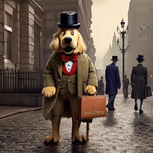 Prompt: An Anthropomorphic big old Golden Retriever dog is Mr. Lucky is  wearing dressed business officer in great depression london 1934, Mary poppins returns animated style