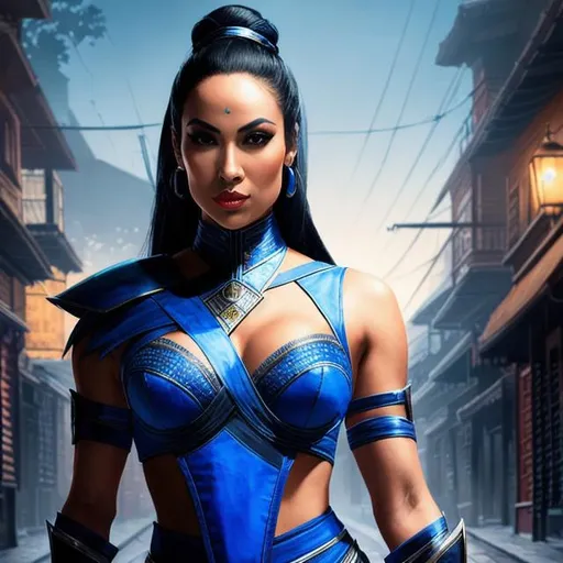 Prompt: Full-length concept portrait of Kitana from Mortal Kombat in dim lit street background, perfect composition, hyperrealistic, super detailed, 8k, high quality, trending art, trending on artstation, sharp focus, intricate details, highly detailed by Emerson Tung