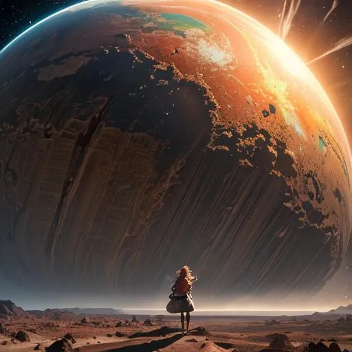 Prompt: Create a high-resolution head and shoulders painting of a planet-sized, gorgeous giantess bursting out of the Earth's crust. The scene should be intense and dramatic with cinematic lighting that highlights her stunning features. The artwork should be inspired by the styles of Norman Rockwell, Craig Mullins, and Ross Tran, and should be in 4K resolution. The focus should be on the giantess's face and upper body as she emerges from the planet, and the overall effect should be awe-inspiring and powerful.