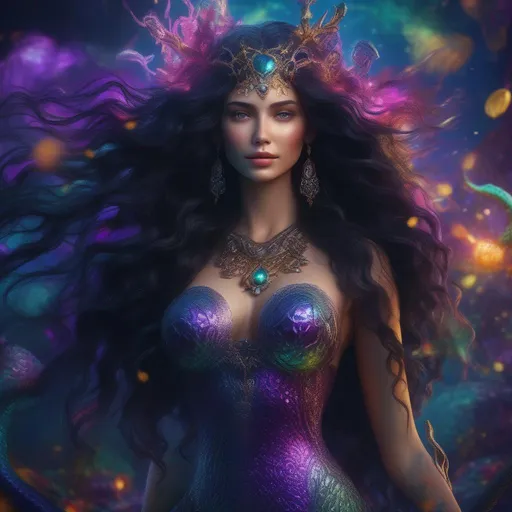Prompt: goddess of mermaid girl, vibrant, whimsical dark background, black long wavy hair, pretty, 8k resolution concept art portrait dynamic lighting hyperdetailed intricately triadic colors Unreal Engine 5 volumetric lighting, gothic, high resolution, full body mermaid with monstrous tail ambient light, glamour, intricate and detailed environment, laces, stains, watercolor dark background, Masterpiece, Royo, ornate, depth, glimmering body art, shimmering glistening skin, long sea serpent tail 