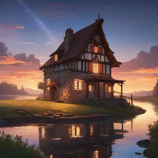 Prompt: RPG, high res, illustration, sunset, stars, an 18th-century colonial tavern {cottagecore}, medieval stone tower, pointed wooden roof, ((otherworldly)), Beautiful space, along a scenic river bank