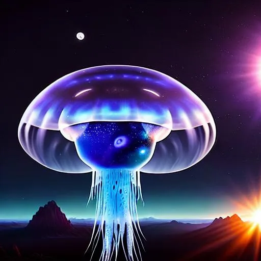 Prompt: Friendly Alien Space Jellyfish delegation arrives at dawn on earth long shot scenic professional photograph of the starry sky, perfect viewpoint, highly detailed, wide-angle lens, hyper realistic, with dramatic sky, polarizing filter, natural lighting, vivid colors, everything in sharp focus, HDR, UHD, 64K