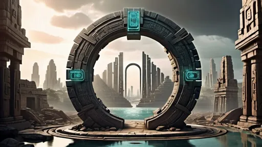 Prompt: magical portal between cities realms worlds kingdoms, circular portal, ring standing on edge, upright ring, freestanding ring, hieroglyphs on ring, complete ring, ancient aztec architecture, ruins of atlantis city plaza setting, panoramic view, futuristic cyberpunk tech-noir setting