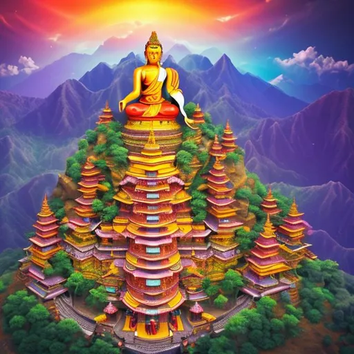 Prompt: buddhist temple on a mountain, ,krishna statue in the middle, surrounded by nature, animation style, neon lights
