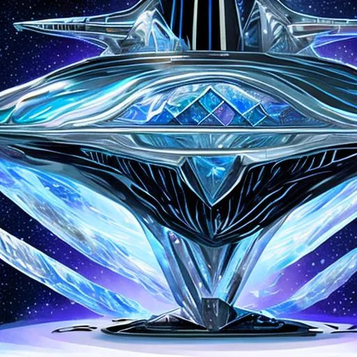 Prompt: Bio-Space ship of metallic flesh, crystal form, space whale, symmetrical , in the style of startrek, realistic, zoom out,  theatrical splash panel