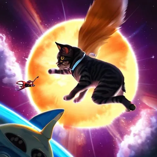 Prompt: A flying dog in space fighting a cat
