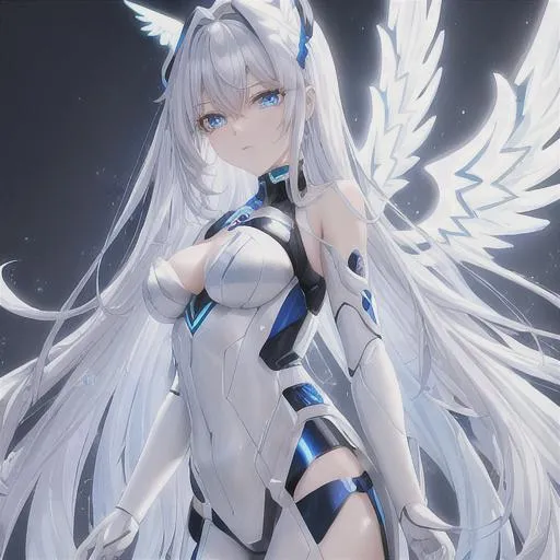 Prompt: Cybernetic angel with a humanoid appearance and feminine features, possessing metallic wings and a sleek white and silver exoskeleton, emitting a soft blue aura of light from its body and eyes. wearing japanese themed streetwear blue eyes
