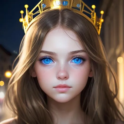 Prompt: girl on 34 perfect dreamy face, with brunette hair with crown and detailed blue eyes, perfect anatomy in Florence street golden dust, fireflies, perfect composition, best quality, best lightning 