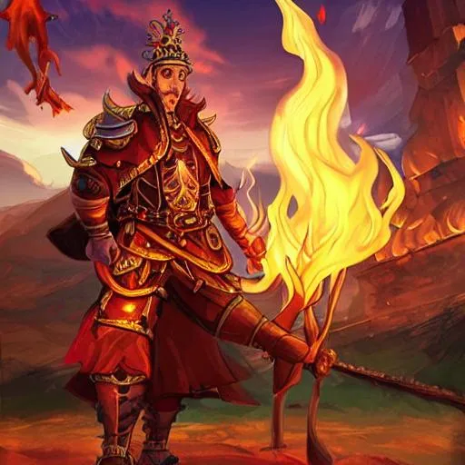 Prompt: Fire mage in medival fantasy world with a fire god in the background surrounded by blazing flames