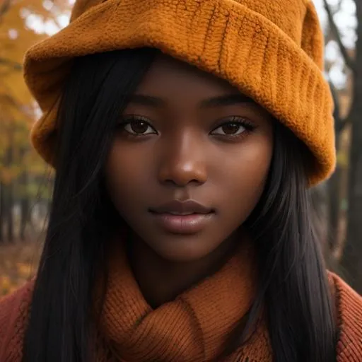Prompt: Woman with dark skin, warm autumn colors, facial closeup